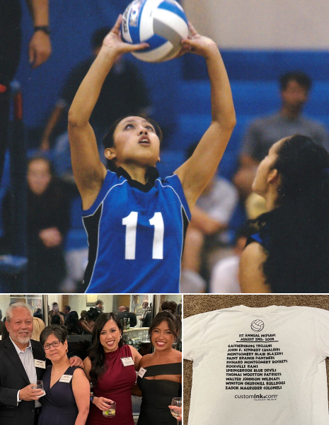 1) My sister diving for a ball at the only tournament we played in together. 2) We won the tournament! The winning prize was this shirt from 2008. 3) My family joining me for my college hall of fame induction.