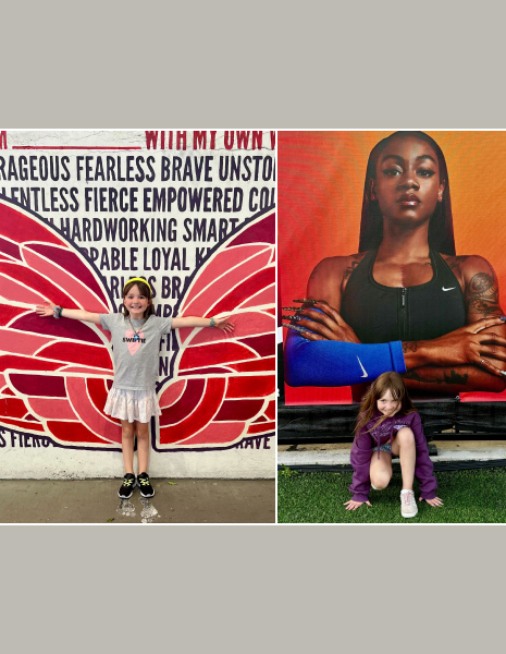 My daughter Mary with the inspiration wall at a Thorns game and with her favorite Olympian Sha'Carri Richardson at the Olympic Trials in Eugene.