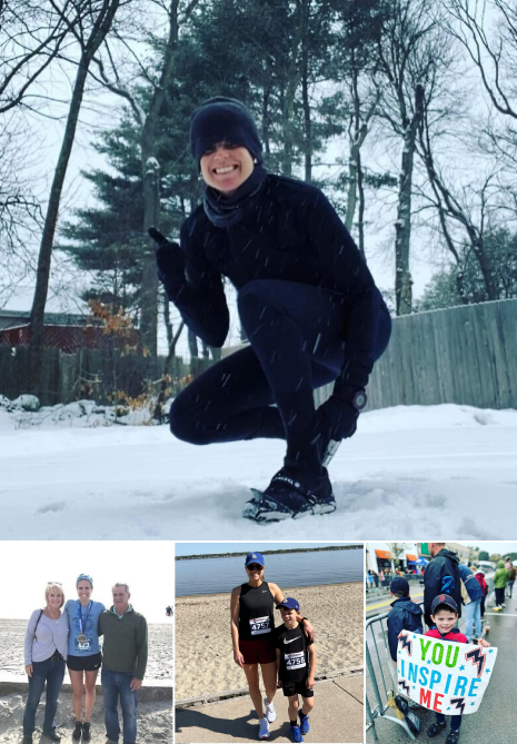 1) A picture of me marathon training in the snow. 2) Me with my Mom and Dad after running the Newport Marathon. 3) Jack and me running a 5K on Mother's Day (a yearly tradition). 4) My son Briggs as we cheered on the runners at the Boston Marathon.